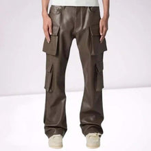Load image into Gallery viewer, Men's Brown Genuine Leather Cargo Trousers with Four Flap Pockets and Classic Wide Leg Fit