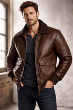 Load image into Gallery viewer, Men's Brown Sheepskin Leather Bomber Jacket with Ribbed Cuffs in Vintage Aviator Pilot Style