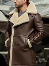 Load image into Gallery viewer, Men Brown Sheepskin Long Coat In Peacoat Style With Real Shearling Lining