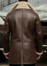 Load image into Gallery viewer, Men Brown Sheepskin Long Coat In Peacoat Style With Real Shearling Lining