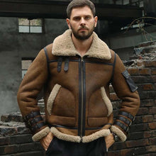 Load image into Gallery viewer, Men's Brown Sheepskin Shearling Flight Jacket with Wool Lining Slim Fit Vintage B3 Style