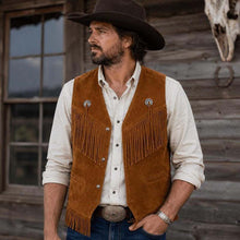Load image into Gallery viewer, Men's Brown Suede Leather Vest with Western Fringe Handmade Cowboy Waistcoat