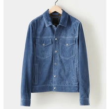 Load image into Gallery viewer, Men's Chocolate Medium Blue Leather Suede Bomber Jacket