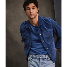 Load image into Gallery viewer, Men's Chocolate Medium Blue Leather Suede Bomber Jacket
