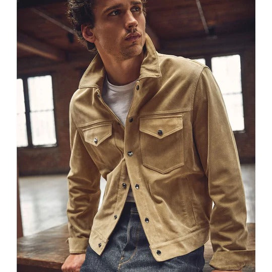 Menβs Cream Brown Suede Leather Shirt Jeans Style Jacket