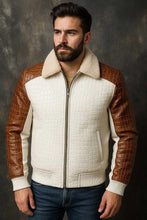 Load image into Gallery viewer, Men's White and Brown Cowhide Leather Bomber Jacket with Crocodile Embossed Finish and Fur Collar