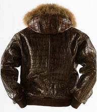 Load image into Gallery viewer, Dark Brown Crocodile Leather Bomber Jacket With Hood