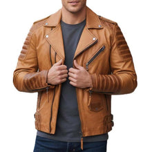 Load image into Gallery viewer, Men's Distressed Brown Genuine Leather Biker Jacket with Quilted Vintage Moto Style
