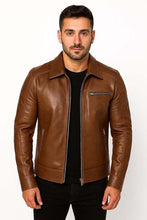 Load image into Gallery viewer, Men's Distressed Brown Leather Cafe Racer Jacket with Vintage Biker Style and Premium Craftsmanship