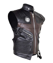 Load image into Gallery viewer, Men's Black and Brown Real Leather Vest with Snap Tab Collar and YKK Zip Closure