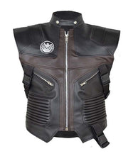 Load image into Gallery viewer, Men's Black and Brown Real Leather Vest with Snap Tab Collar and YKK Zip Closure