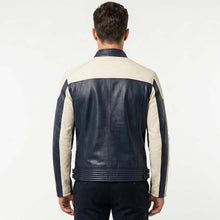 Load image into Gallery viewer, Men's Navy Genuine Leather Jacket with Cream Colorblock in Retro Varsity Bomber Style