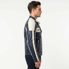 Load image into Gallery viewer, Men's Navy Genuine Leather Jacket with Cream Colorblock in Retro Varsity Bomber Style