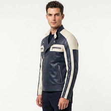 Load image into Gallery viewer, Men's Navy Genuine Leather Jacket with Cream Colorblock in Retro Varsity Bomber Style