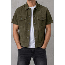 Load image into Gallery viewer, Men's Olive Green Suede Leather Jacket with Short Sleeve in Vintage Trucker Style
