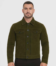 Load image into Gallery viewer, Men's Olive Green Suede Leather Jacket With Western Style and Button Front