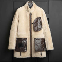 Load image into Gallery viewer, Men's Brown Sheepskin Shearling Long Coat With Detachable Hood in Winter Style