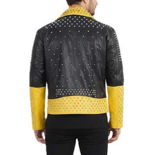 Load image into Gallery viewer, Men's Black and Yellow Genuine Leather Biker Jacket with Studded Spikes in Handmade Brando Style