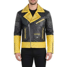 Load image into Gallery viewer, Men's Black and Yellow Genuine Leather Biker Jacket with Studded Spikes in Handmade Brando Style