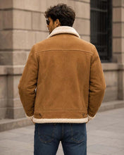 Load image into Gallery viewer, Men's Tan Suede Sheepskin Coat with Shearling Lining in Vintage B3 Aviator Style