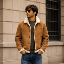 Load image into Gallery viewer, Men's Tan Suede Sheepskin Coat with Shearling Lining in Vintage B3 Aviator Style
