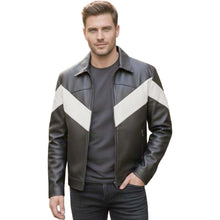 Load image into Gallery viewer, Men's White and Black Real Leather Motorcycle Jacket with Slim Fit Fashion Style