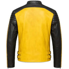 Load image into Gallery viewer, Men's Yellow and Black Real Leather Motorcycle Jacket with Stand Collar in Biker Racing Style