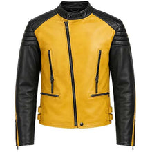 Load image into Gallery viewer, Men's Yellow and Black Real Leather Motorcycle Jacket with Stand Collar in Biker Racing Style