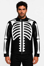Load image into Gallery viewer, New skeleton leather jacket in black cafe racer style with white bone design by Glory Store UK