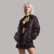 Load image into Gallery viewer, Oversized Brown Leather Bomber Jacket for Women