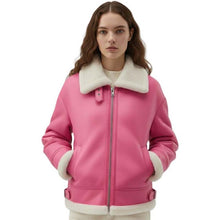 Load image into Gallery viewer, Buckle collar detail on women's pink aviator jacket in B3 style