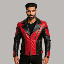 Load image into Gallery viewer, Red and Black Leather Biker Jacket for Men
