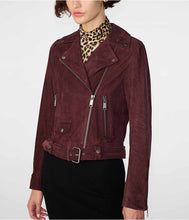 Load image into Gallery viewer, Women's Maroon Suede Biker Leather Jacket