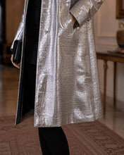 Load image into Gallery viewer, Women's Silver Metallic Croc Embossed Trench Coat with Tailored Fit in Luxury Long Style