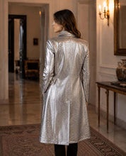 Load image into Gallery viewer, Women's Silver Metallic Croc Embossed Trench Coat with Tailored Fit in Luxury Long Style