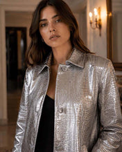Load image into Gallery viewer, Women's Silver Metallic Croc Embossed Trench Coat with Tailored Fit in Luxury Long Style