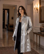 Load image into Gallery viewer, Women's Silver Metallic Croc Embossed Trench Coat with Tailored Fit in Luxury Long Style