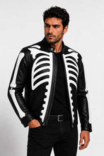 Load image into Gallery viewer, Stylish black skeleton motorcycle jacket with gothic bone artwork by Glory Store UK