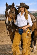 Load image into Gallery viewer, Women's Tan Buckskin Suede Leather Chaps with Fringe in Handmade Western Cowgirl Style