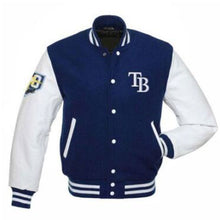 Load image into Gallery viewer, TB RAYS Blue and White Letterman Varsity Jacket