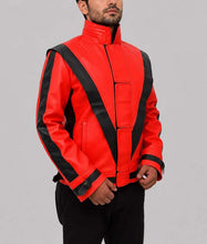 Load image into Gallery viewer, Men's Red and Black Real Leather Thriller Jacket with Stand Up Collar