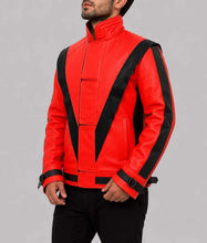 Load image into Gallery viewer, Men's Red and Black Real Leather Thriller Jacket with Stand Up Collar