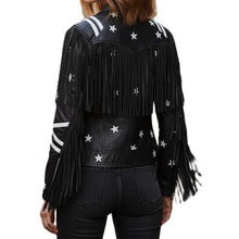 Load image into Gallery viewer, Back view showing the long leather fringes and star pattern on a western rockstar coat.