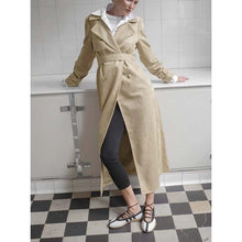 Load image into Gallery viewer, Women Beige Suede Leather Trench Coat with Belted Longline Style