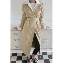 Load image into Gallery viewer, Women Beige Suede Leather Trench Coat with Belted Longline Style
