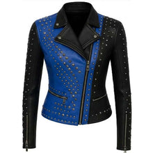 Load image into Gallery viewer, Women's Blue and Black Real Leather Biker Jacket with Metal Studs
