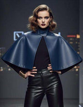 Load image into Gallery viewer, Women Blue Real Leather Cape Top In Modern Poncho Style With Structured Silhouette