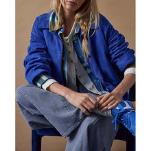 Load image into Gallery viewer, Women Blue Suede Leather Jacket with Casual Button Front Style