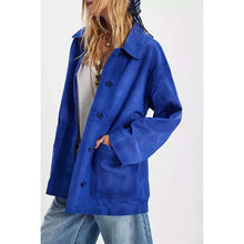 Load image into Gallery viewer, Women Blue Suede Leather Jacket with Casual Button Front Style