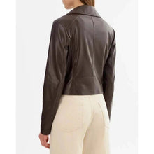 Load image into Gallery viewer, Women Brown Lambskin Leather Cropped Biker Jacket with Asymmetrical Zip
